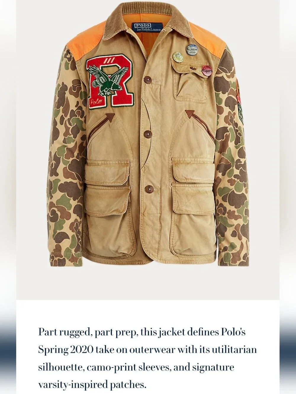 NWT Men's Polo by Ralph Lauren Khaki Jacket with Camo Sleeves and Orange Accents